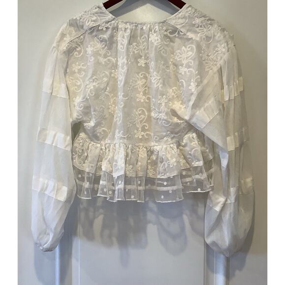 P Cill Cropped Blouse Top Size Small White Embroidered Flowers Lace Sheer NEW - Picture 3 of 13
